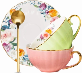 ONEUSTAR Tea Cup and Saucer Set for 2 Bone China English Tea Cup Floral Teacups Coffee Latte Mugs for Mother's Day Women Birthday Party Gifts, 8 Oz