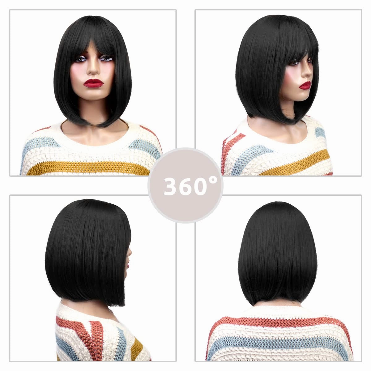 Onpep Natural Black Bob Wig with Bangs Short Straight Wigs for Black Women Shoulder Length Glueless Heat Resistant Synthetic Wigs