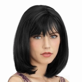 Onpep Natural Black Bob Wig with Bangs Short Straight Wigs for Black Women Shoulder Length Glueless Heat Resistant Synthetic Wigs