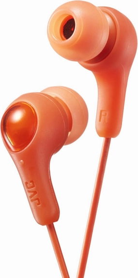 ORANGE GUMY In ear earbuds with stay fit ear tips. Wired 3.3ft colored cord cable with headphone jack. Small, medium, and large ear tip earpieces included. JVC GUMY HAFX7D