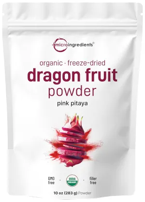 Organic Dragon Fruit Powder, 10oz | 100% Natural Fruit Powder | Freeze-Dried Pink Pitaya Source | No Sugar & Additives | Great Flavor for Drinks, Smoothie, & Beverages | Non-GMO & Vegan Friendly