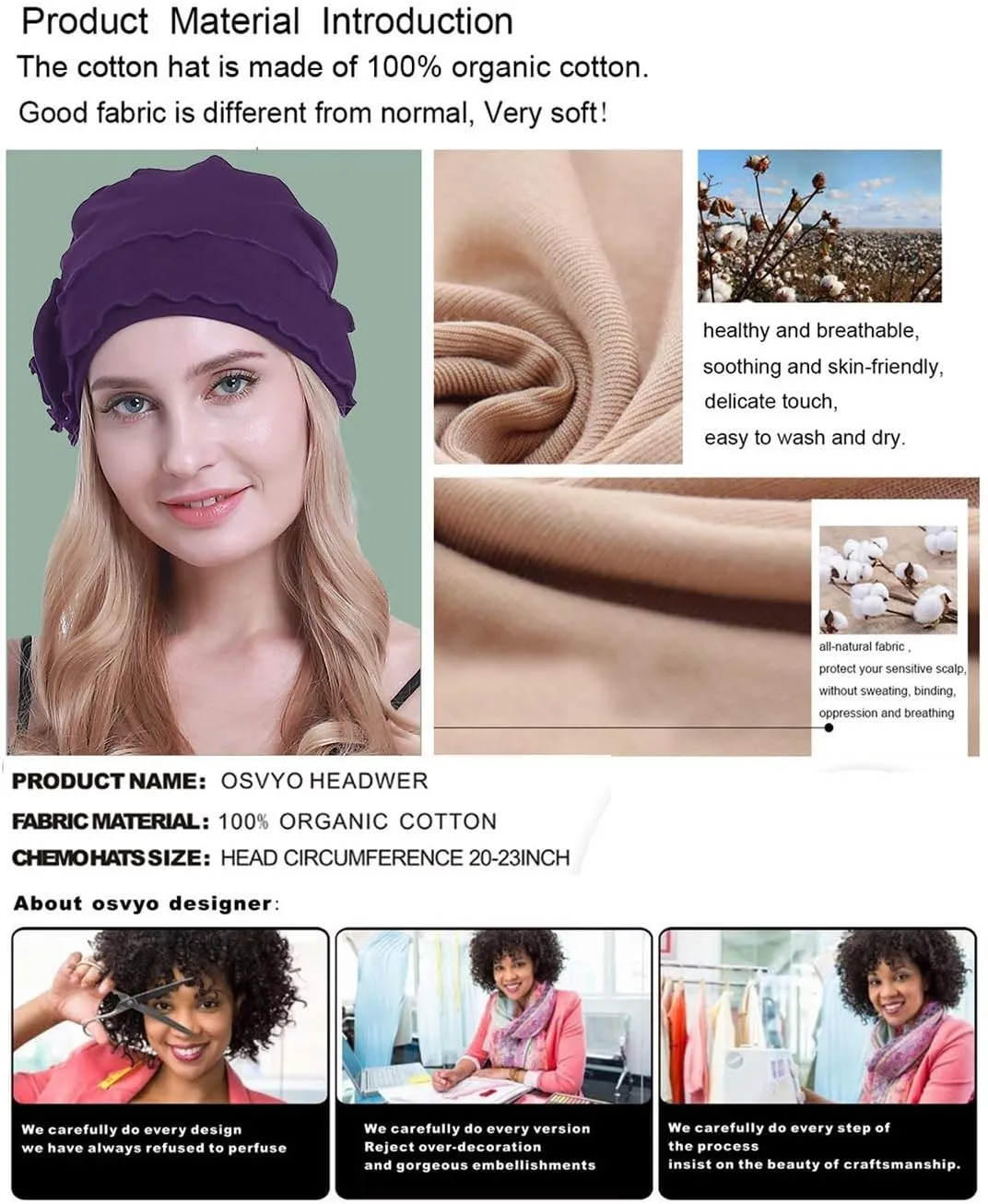 osvyo Cotton Chemo Headwear Turban Cap for Women - Soft Elastic Beanie Hair Loss Sealed Packaging