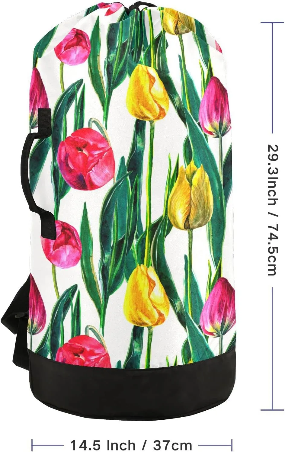 Oyihfvs Colorful Pink Yellow Tulips Flowers with Green Leaves on White Backpack Laundry Bag, Laundry Backpack with Shoulder Straps, Waterproof Nylon Clothes Hamper Bag for Men Women Yoga Backpack