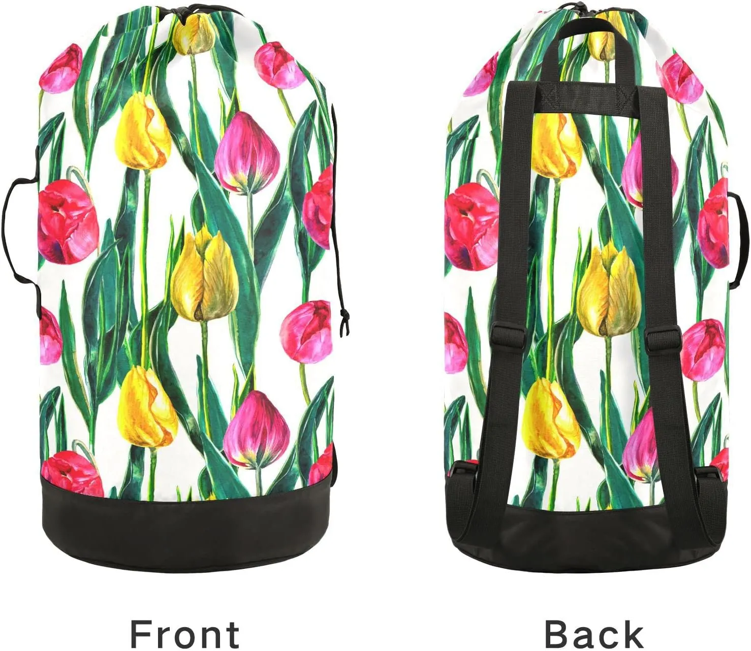 Oyihfvs Colorful Pink Yellow Tulips Flowers with Green Leaves on White Backpack Laundry Bag, Laundry Backpack with Shoulder Straps, Waterproof Nylon Clothes Hamper Bag for Men Women Yoga Backpack
