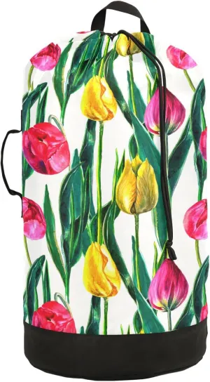 Oyihfvs Colorful Pink Yellow Tulips Flowers with Green Leaves on White Backpack Laundry Bag, Laundry Backpack with Shoulder Straps, Waterproof Nylon Clothes Hamper Bag for Men Women Yoga Backpack