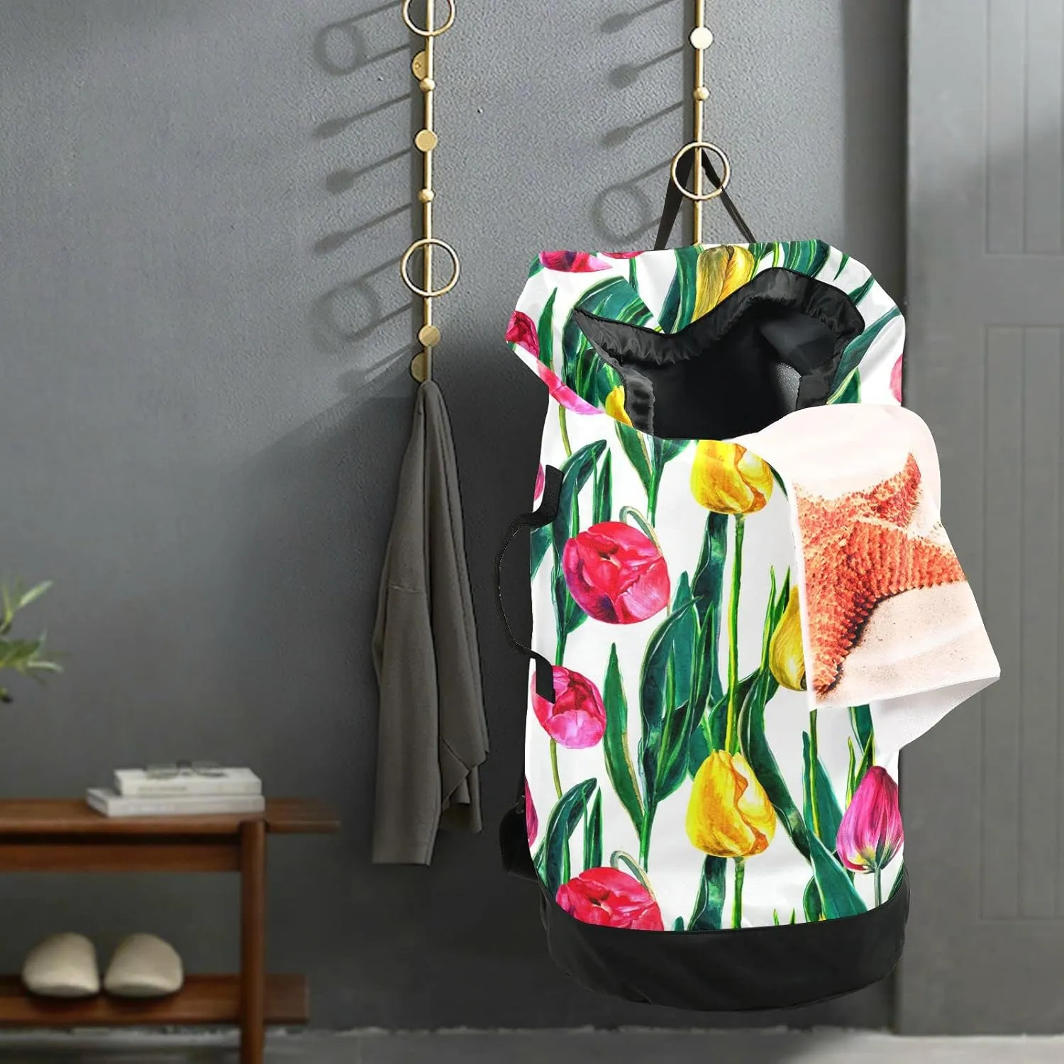 Oyihfvs Colorful Pink Yellow Tulips Flowers with Green Leaves on White Backpack Laundry Bag, Laundry Backpack with Shoulder Straps, Waterproof Nylon Clothes Hamper Bag for Men Women Yoga Backpack