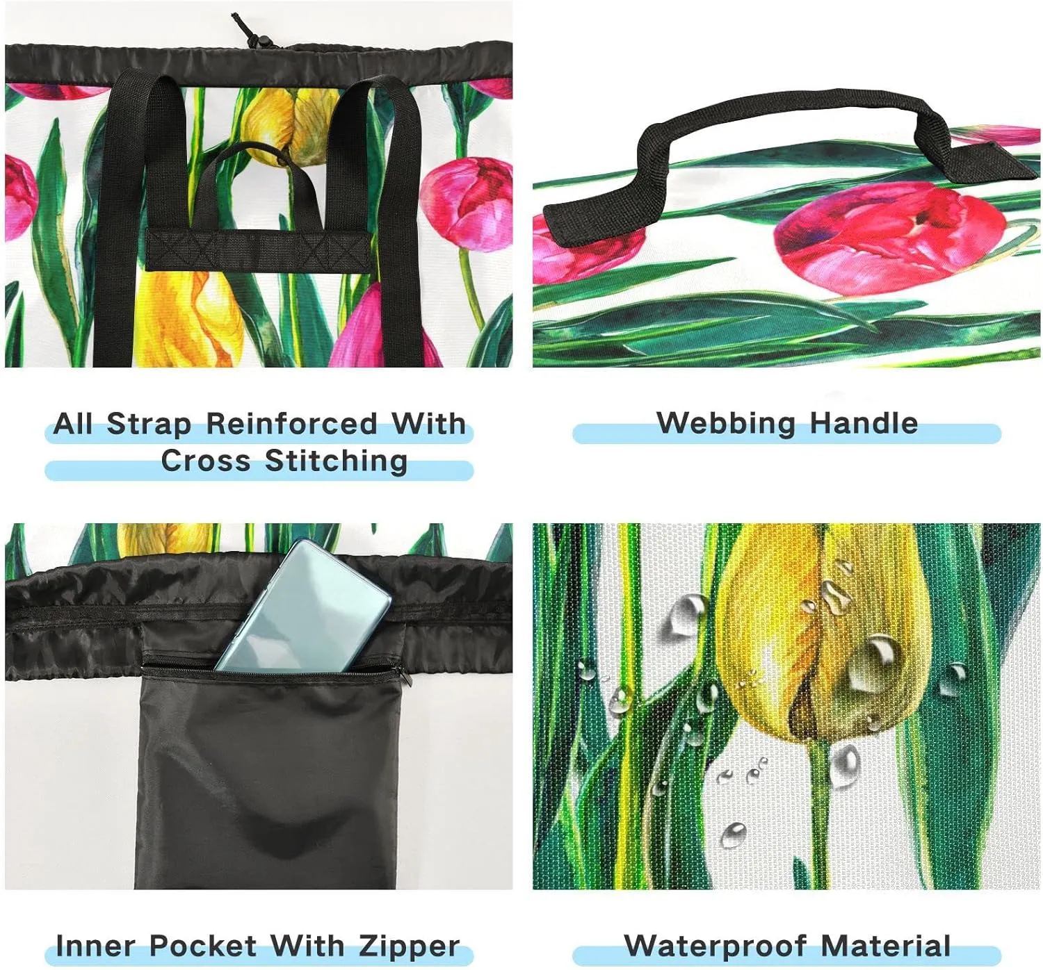 Oyihfvs Colorful Pink Yellow Tulips Flowers with Green Leaves on White Backpack Laundry Bag, Laundry Backpack with Shoulder Straps, Waterproof Nylon Clothes Hamper Bag for Men Women Yoga Backpack