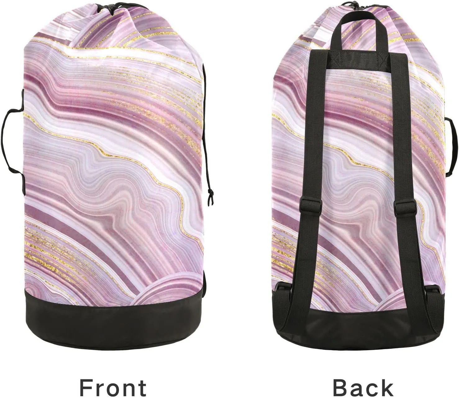 Oyihfvs Marble Agate with Pink and Gold Veins Marbling Surface Backpack Laundry Bag, Laundry Backpack with Shoulder Straps, Waterproof Nylon Clothes Hamper Bag for Men Women Yoga Backpack