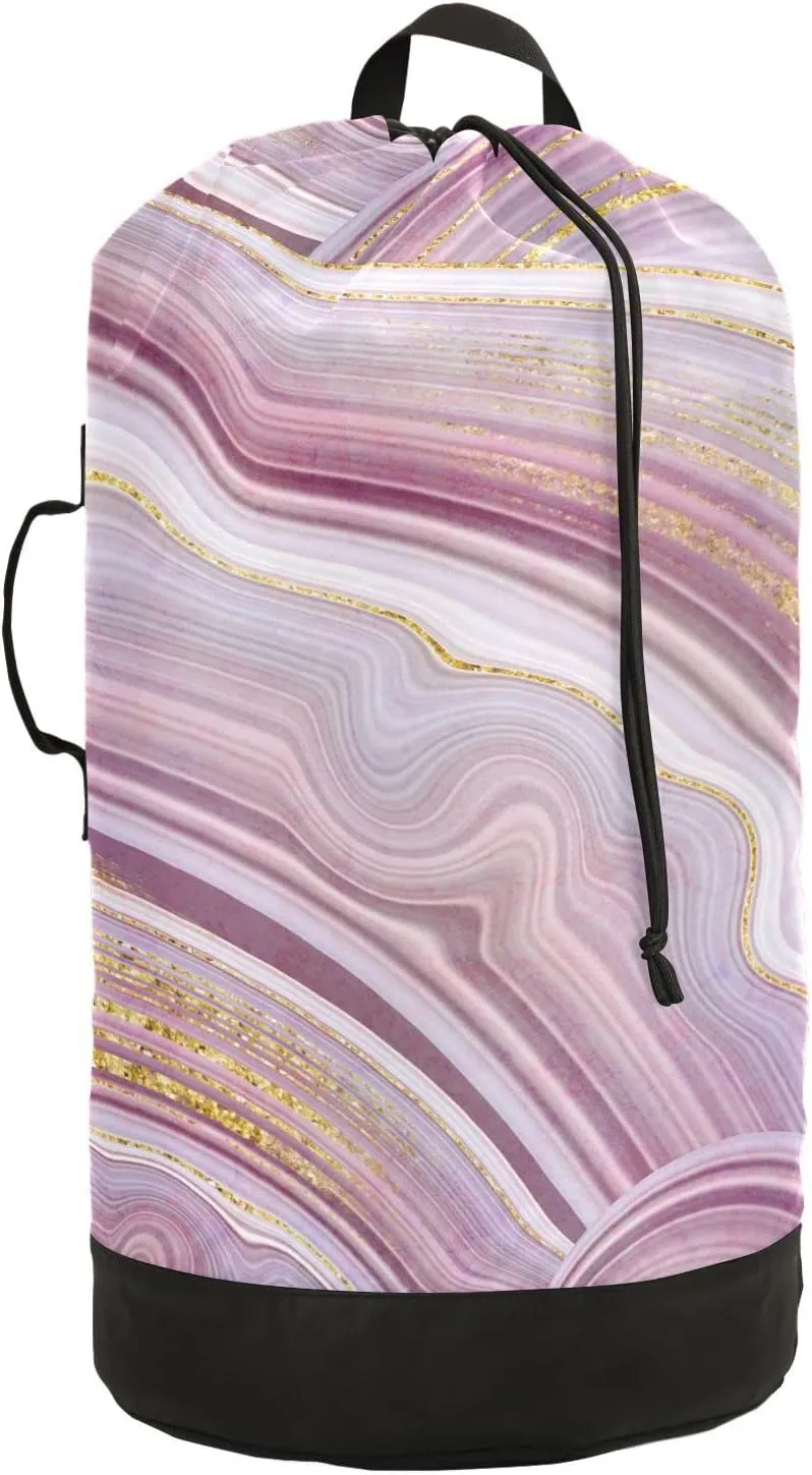 Oyihfvs Marble Agate with Pink and Gold Veins Marbling Surface Backpack Laundry Bag, Laundry Backpack with Shoulder Straps, Waterproof Nylon Clothes Hamper Bag for Men Women Yoga Backpack