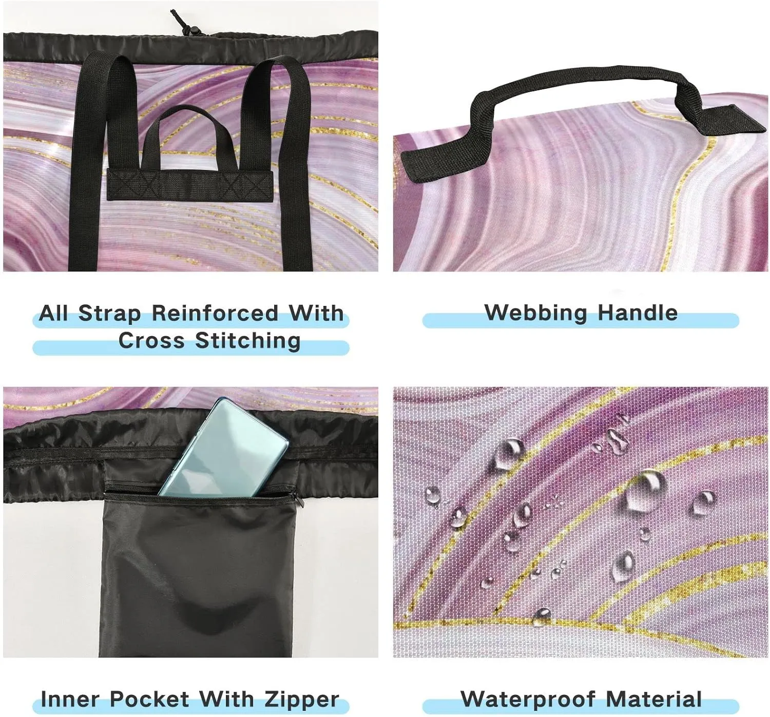 Oyihfvs Marble Agate with Pink and Gold Veins Marbling Surface Backpack Laundry Bag, Laundry Backpack with Shoulder Straps, Waterproof Nylon Clothes Hamper Bag for Men Women Yoga Backpack