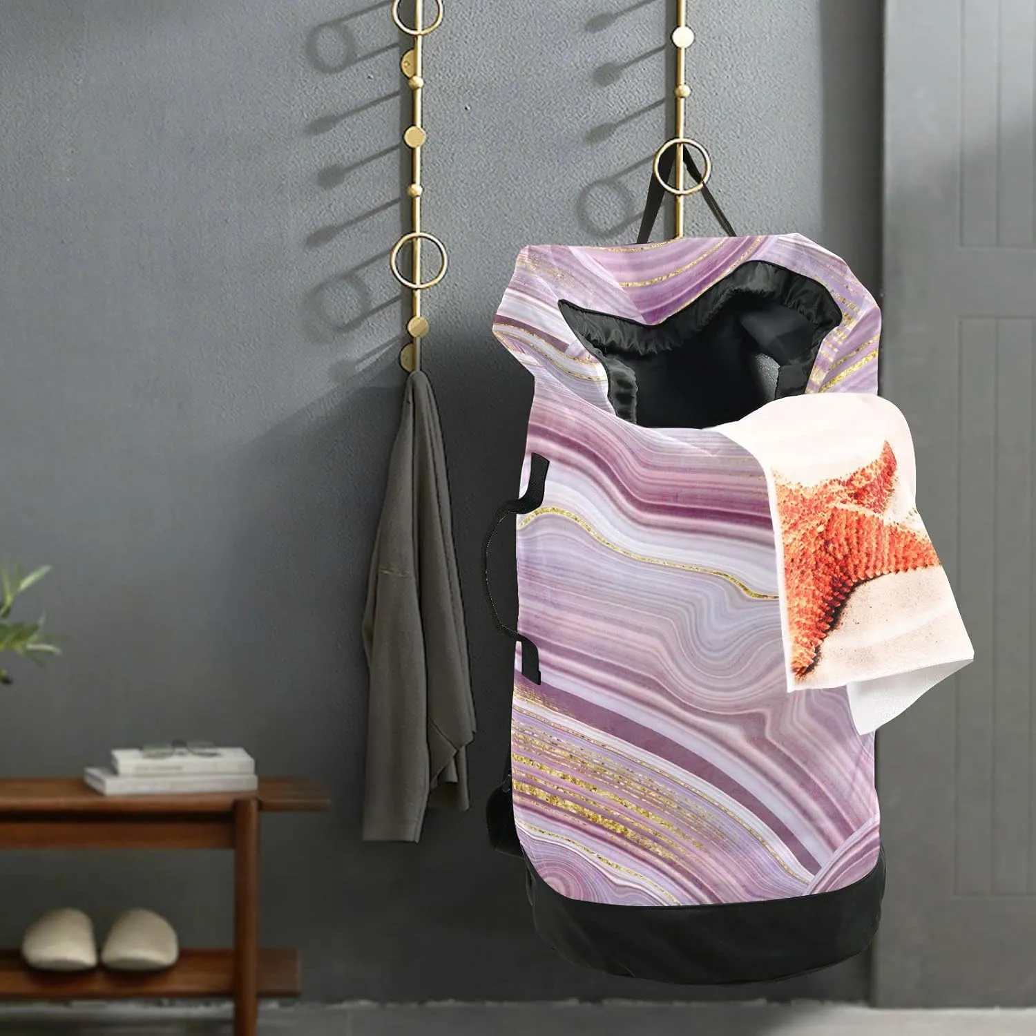 Oyihfvs Marble Agate with Pink and Gold Veins Marbling Surface Backpack Laundry Bag, Laundry Backpack with Shoulder Straps, Waterproof Nylon Clothes Hamper Bag for Men Women Yoga Backpack