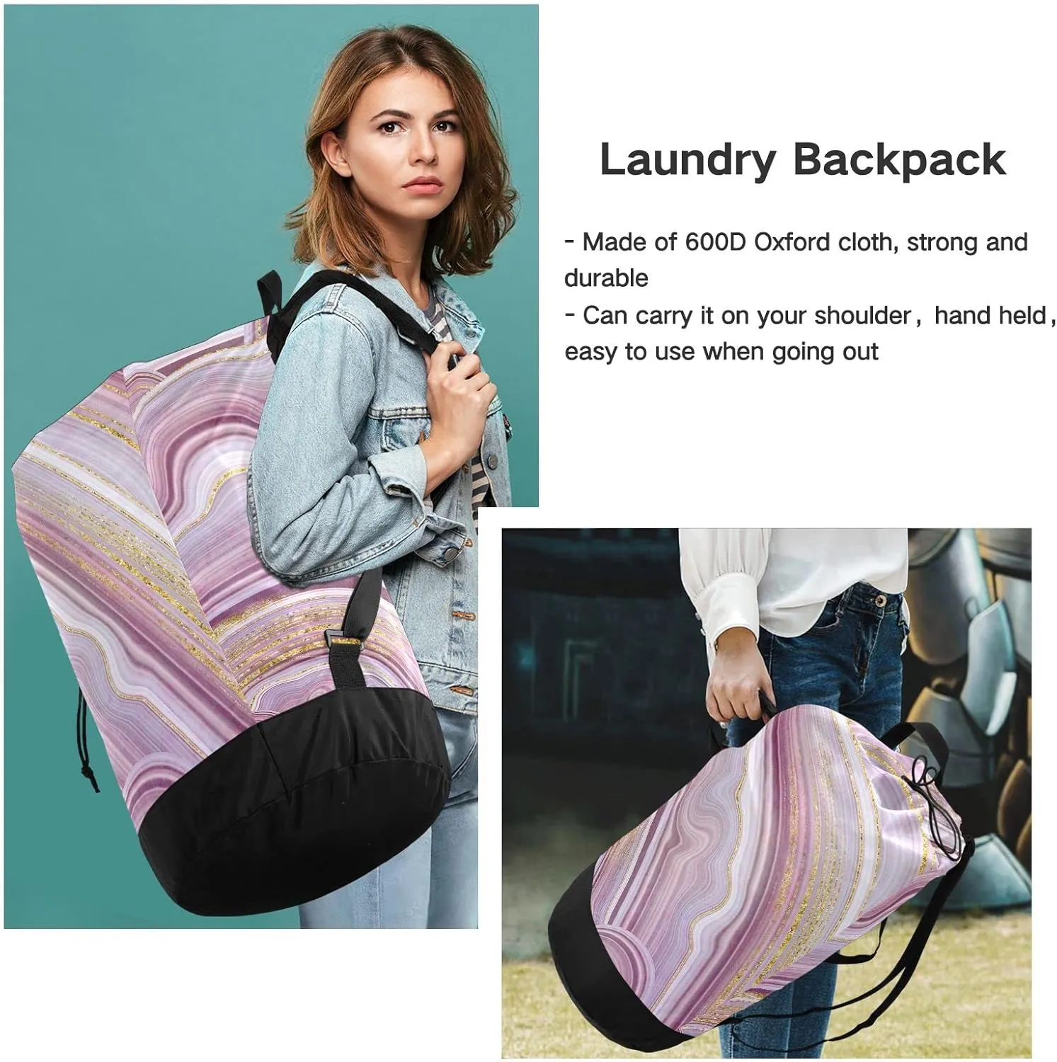 Oyihfvs Marble Agate with Pink and Gold Veins Marbling Surface Backpack Laundry Bag, Laundry Backpack with Shoulder Straps, Waterproof Nylon Clothes Hamper Bag for Men Women Yoga Backpack