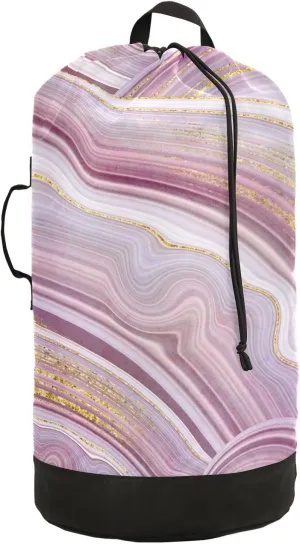 Oyihfvs Marble Agate with Pink and Gold Veins Marbling Surface Backpack Laundry Bag, Laundry Backpack with Shoulder Straps, Waterproof Nylon Clothes Hamper Bag for Men Women Yoga Backpack