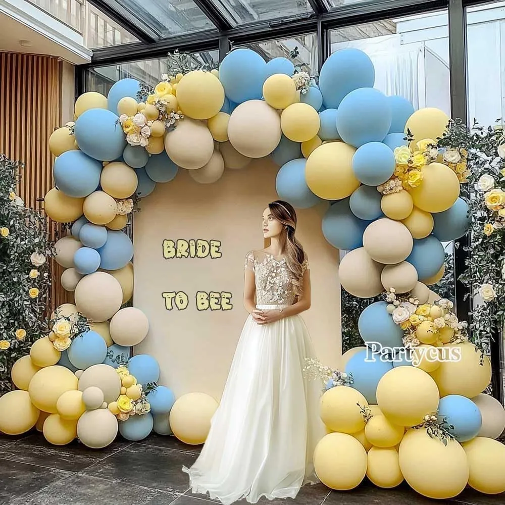 Pastel Blue Yellow Balloon Arch Kit Double Stuffed Light Yellow Baby Blue White Sand Matte Balloon Garland for Baby Shower Bear Birthday Bridal to Bee Summer Party Decoration
