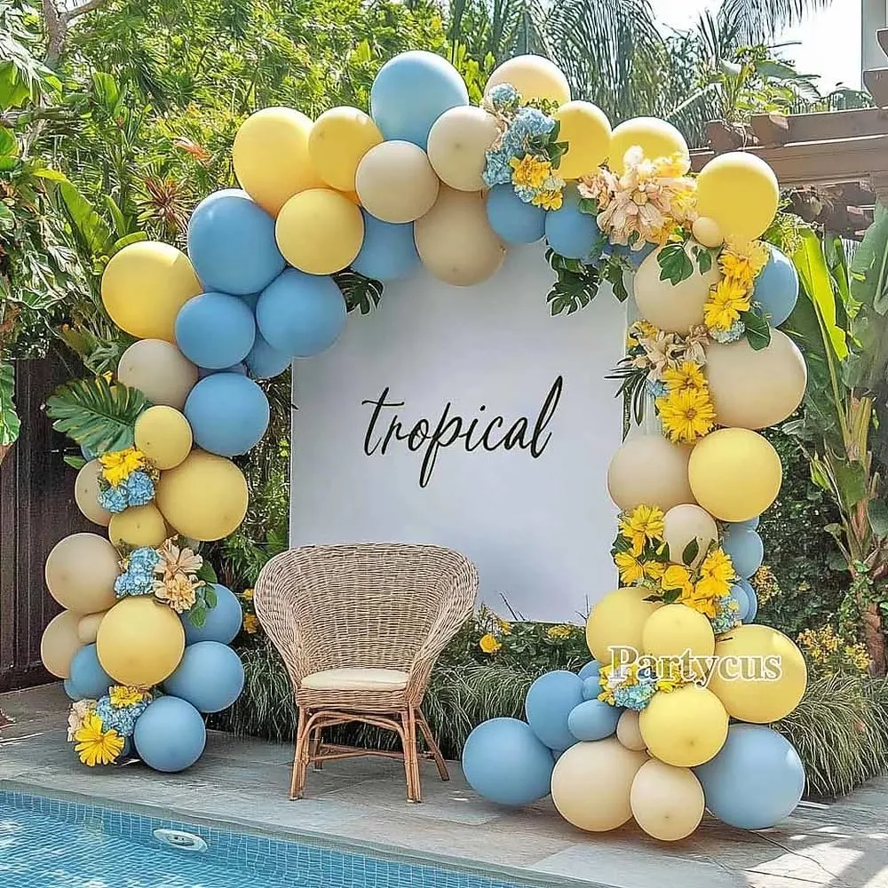 Pastel Blue Yellow Balloon Arch Kit Double Stuffed Light Yellow Baby Blue White Sand Matte Balloon Garland for Baby Shower Bear Birthday Bridal to Bee Summer Party Decoration