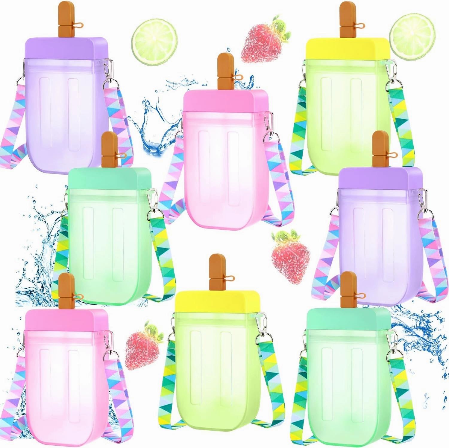 Patelai 8 Pcs Cute Water Bottles with Straw Kawaii Watermelon Ice Cream Cups Leak Proof Drinking Bottles with Adjustable Shoulder Strap for Sports Travel Camping(Cute Style)
