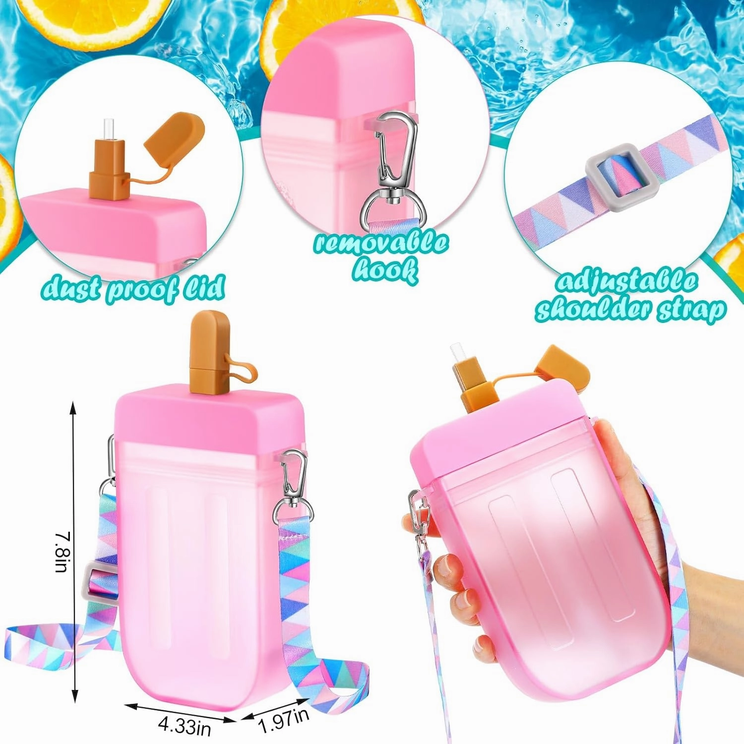 Patelai 8 Pcs Cute Water Bottles with Straw Kawaii Watermelon Ice Cream Cups Leak Proof Drinking Bottles with Adjustable Shoulder Strap for Sports Travel Camping(Cute Style)