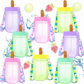 Patelai 8 Pcs Cute Water Bottles with Straw Kawaii Watermelon Ice Cream Cups Leak Proof Drinking Bottles with Adjustable Shoulder Strap for Sports Travel Camping(Cute Style)