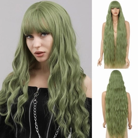 Patrick‘s Dauy Green Wigs Long Wavy Wig with Bangs for Women,Long Green Wig with Bangs,Natural Looking Synthetic Heat Resistant Hair, Wigs for Daily Party and Halloween (40 Inch)