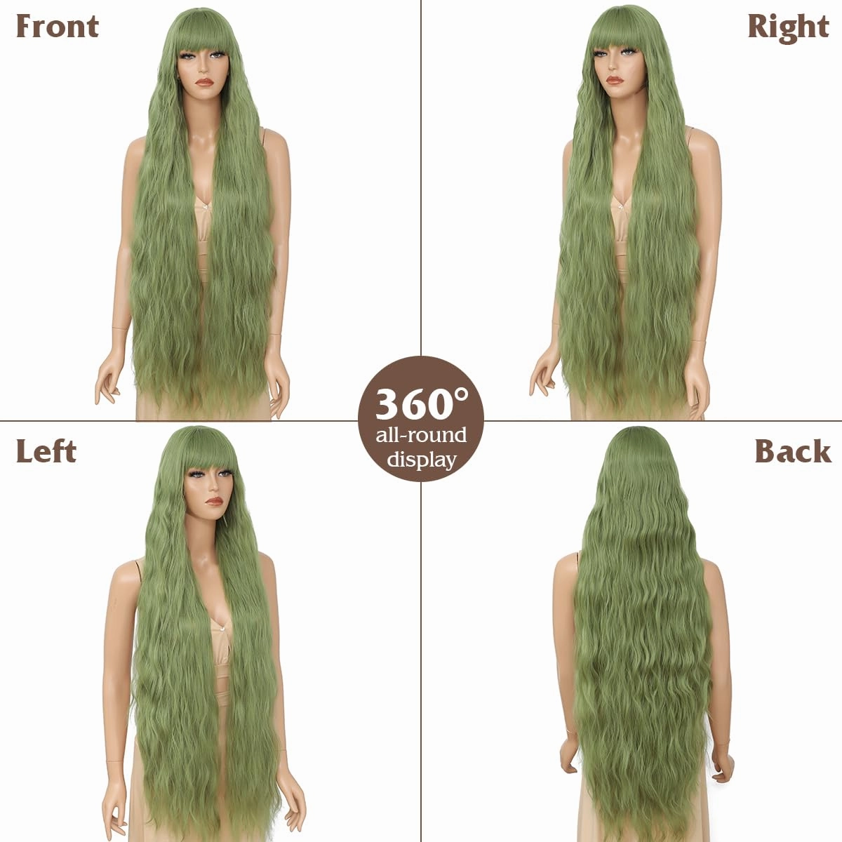 Patrick‘s Dauy Green Wigs Long Wavy Wig with Bangs for Women,Long Green Wig with Bangs,Natural Looking Synthetic Heat Resistant Hair, Wigs for Daily Party and Halloween (40 Inch)