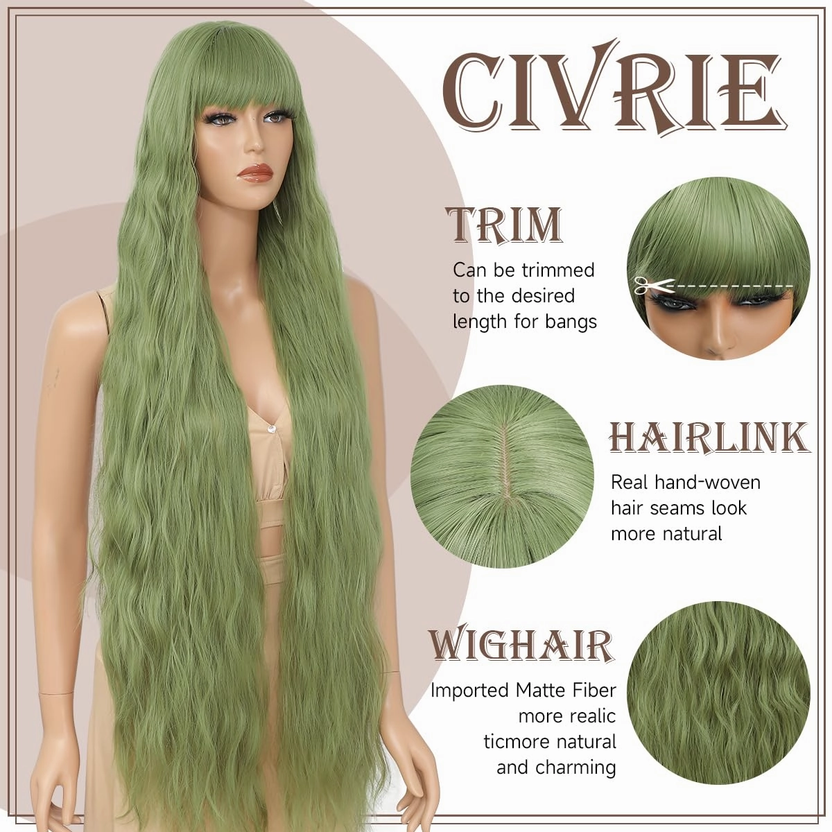 Patrick‘s Dauy Green Wigs Long Wavy Wig with Bangs for Women,Long Green Wig with Bangs,Natural Looking Synthetic Heat Resistant Hair, Wigs for Daily Party and Halloween (40 Inch)