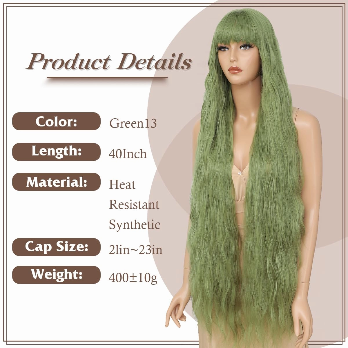 Patrick‘s Dauy Green Wigs Long Wavy Wig with Bangs for Women,Long Green Wig with Bangs,Natural Looking Synthetic Heat Resistant Hair, Wigs for Daily Party and Halloween (40 Inch)