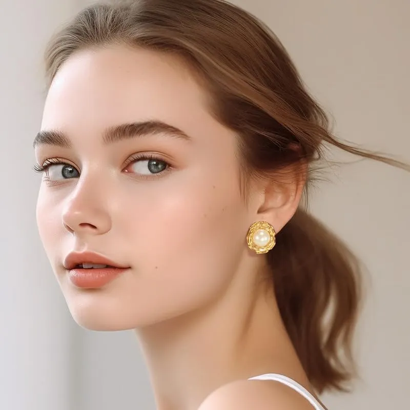 Pearl Stud Earrings for Women, Faux Large Gold Pearl Earrings Studs, Dainty White Big Pearl Earrings Pearl Statement Earrings Gold Studs