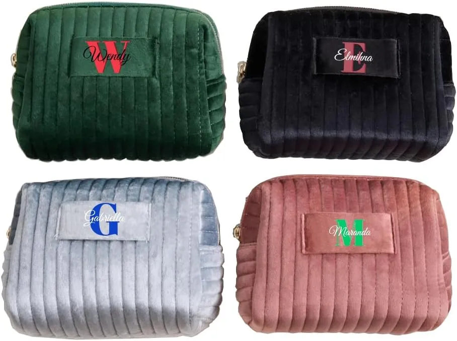 Personalized Makeup Bag Custom Cosmetic Bag with Letter Initial Name Monogrammed,Customized Velvet Quilted Pouch Preppy Patch Chenille Accessories Travel Organizer Bag to Store Toiletries,Brushes