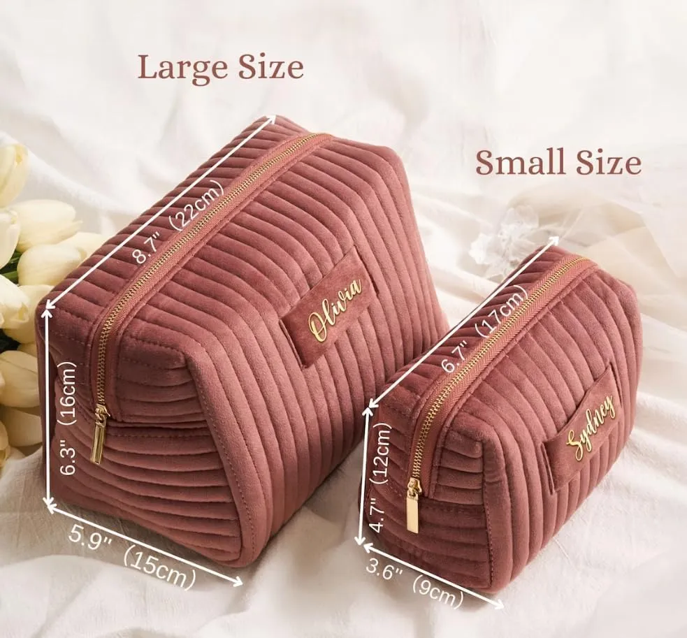 Personalized Makeup Bag Custom Cosmetic Bag with Letter Initial Name Monogrammed,Customized Velvet Quilted Pouch Preppy Patch Chenille Accessories Travel Organizer Bag to Store Toiletries,Brushes
