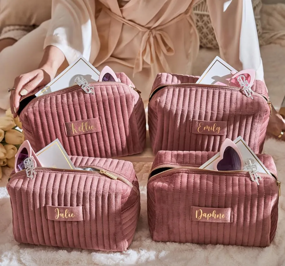 Personalized Makeup Bag Custom Cosmetic Bag with Letter Initial Name Monogrammed,Customized Velvet Quilted Pouch Preppy Patch Chenille Accessories Travel Organizer Bag to Store Toiletries,Brushes