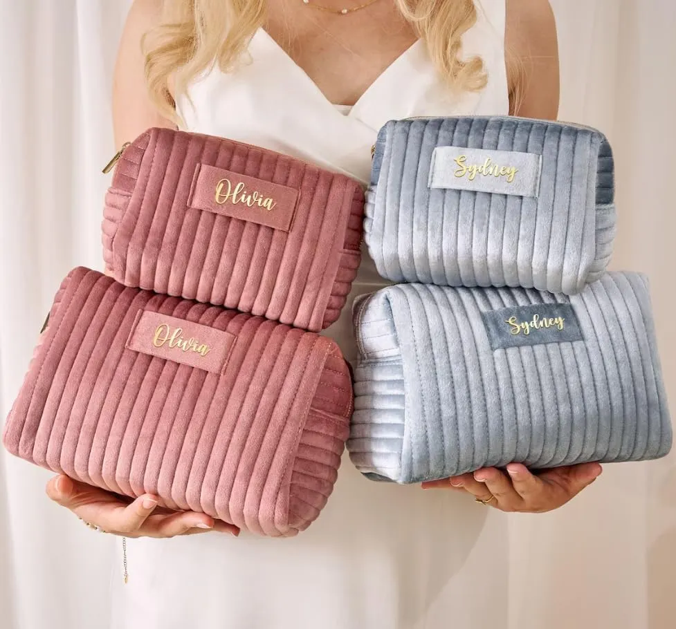 Personalized Makeup Bag Custom Cosmetic Bag with Letter Initial Name Monogrammed,Customized Velvet Quilted Pouch Preppy Patch Chenille Accessories Travel Organizer Bag to Store Toiletries,Brushes
