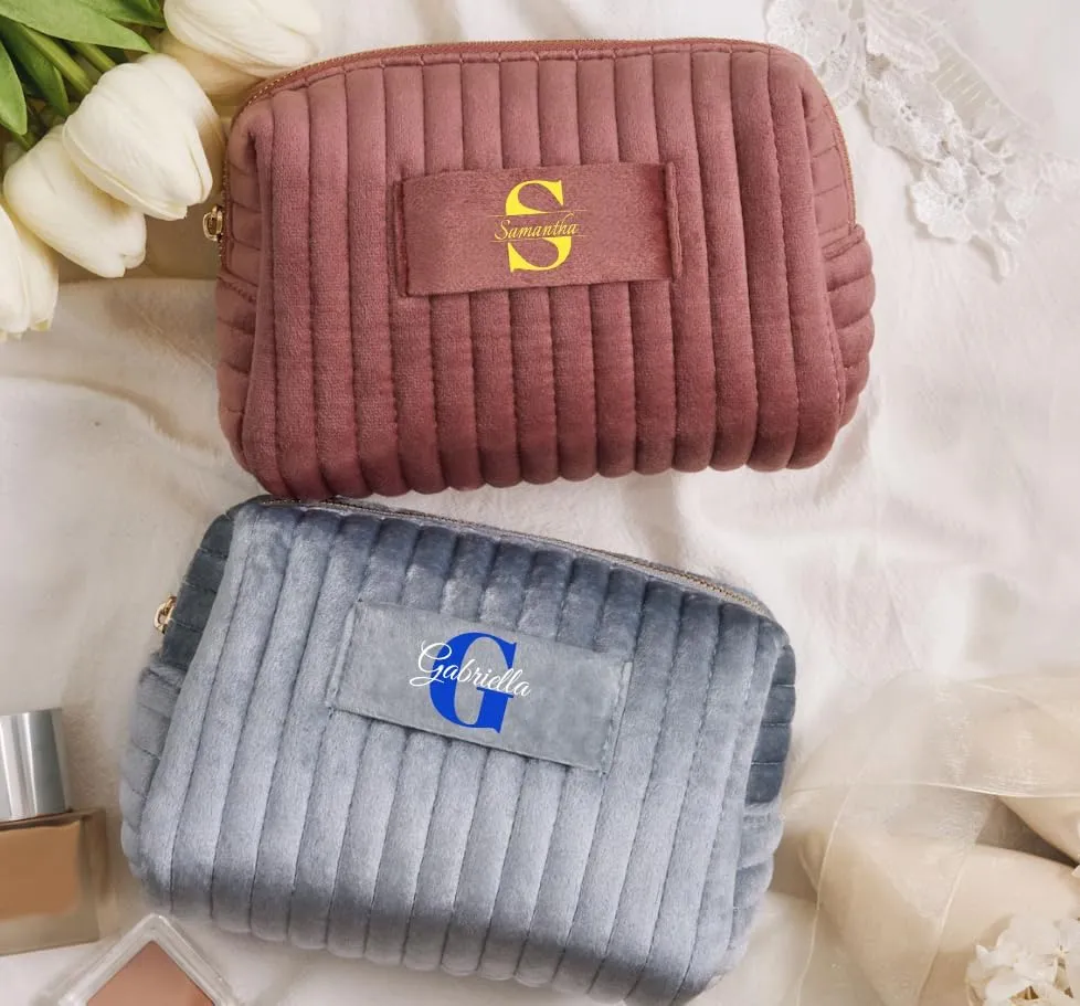 Personalized Makeup Bag Custom Cosmetic Bag with Letter Initial Name Monogrammed,Customized Velvet Quilted Pouch Preppy Patch Chenille Accessories Travel Organizer Bag to Store Toiletries,Brushes