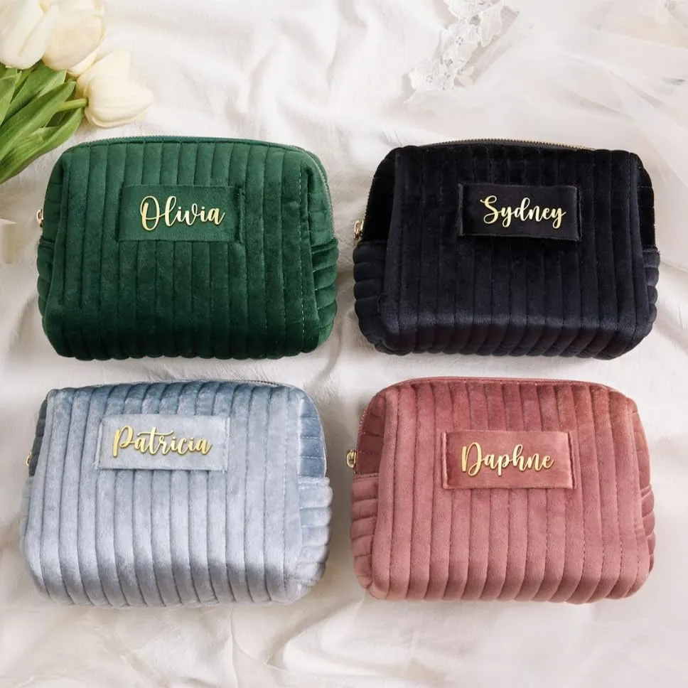 Personalized Makeup Bag Custom Cosmetic Bag with Letter Initial Name Monogrammed,Customized Velvet Quilted Pouch Preppy Patch Chenille Accessories Travel Organizer Bag to Store Toiletries,Brushes