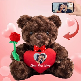 Personalized Teddy Bear with Photo and Custom Text on Heart, Stuffed Animals Valentine Teddy Bear with Rose & Bow as Im Sorry Gifts for Her on Valentine/Anniversary/Birthday (8 in-Red Heart)