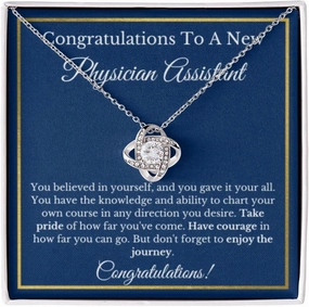 Physician Assistant Graduation Gift, Graduation Gift for PA, New PA Necklace Gift for Future PA, Gold Love Knot 14K White Gold Finish/Standard Box