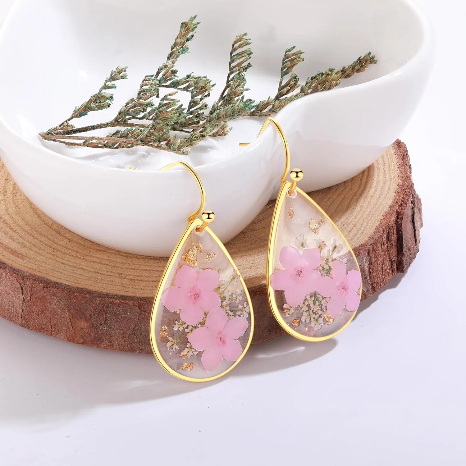 Pink Forget-Me-Not and Queen Anne's Lace Pressed Wildflower Earrings | Pressed Flower Teardrop Earrings Dry Flowers | Drop Dangle Earring For Girls | Personalized Handmade Earrings | Gift for Woman