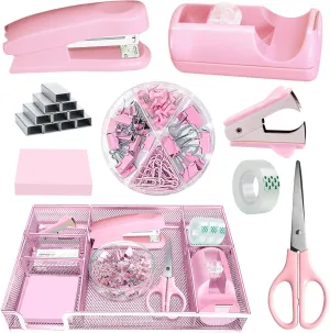 Pink Office Desk Accessories, Desk Drawer Organizer,Stapler and Tape Dispenser Set,Tape Dispenser, Staple Remover, Staples, Clips,Scissor and Sticky Note,Gifts for Women Office Clerks (Pink)