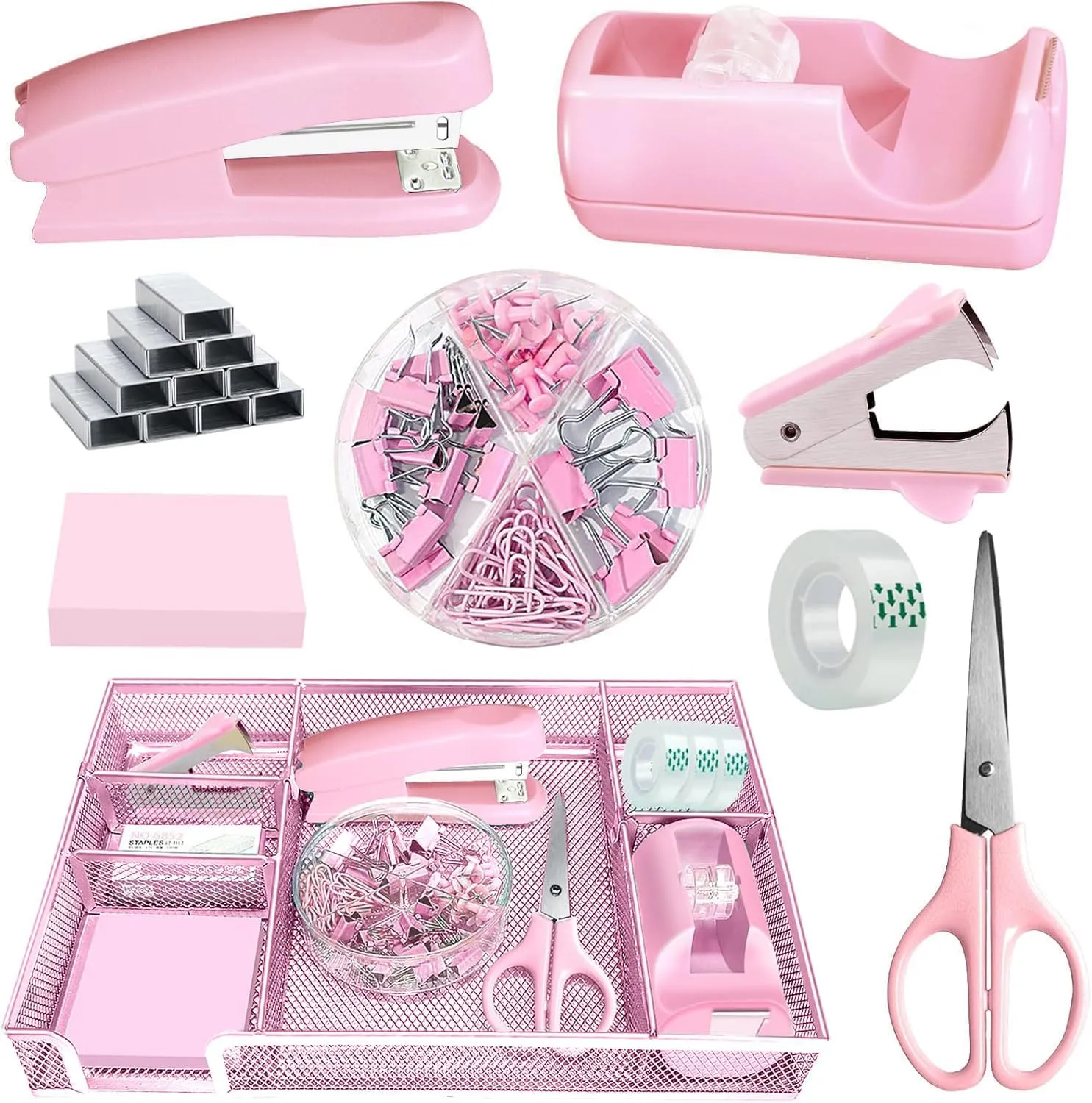 Pink Office Desk Accessories, Desk Drawer Organizer,Stapler and Tape Dispenser Set,Tape Dispenser, Staple Remover, Staples, Clips,Scissor and Sticky Note,Gifts for Women Office Clerks (Pink)