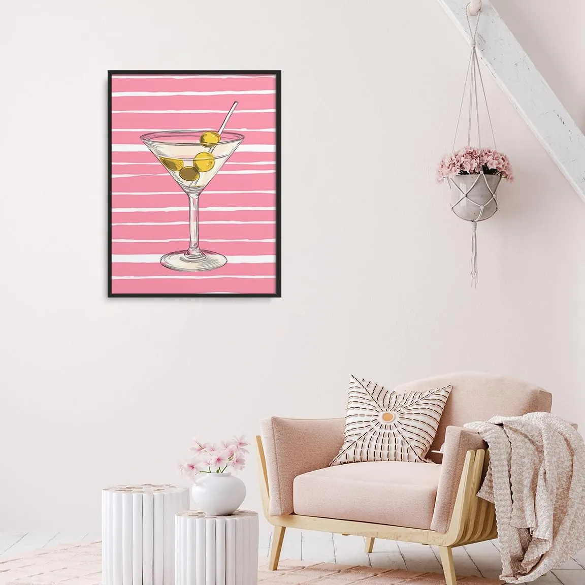 Pink Pastel Martini Bar Cart Wall Art – Striped Cocktail Print for Coastal Kitchen Bar Living Room Apartment Decor-16x20Inch Ready to Hang(Black Aluminum Frame)