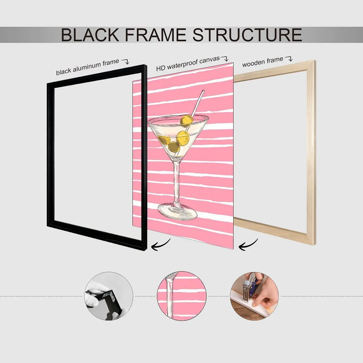 Pink Pastel Martini Bar Cart Wall Art – Striped Cocktail Print for Coastal Kitchen Bar Living Room Apartment Decor-16x20Inch Ready to Hang(Black Aluminum Frame)