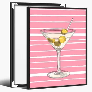 Pink Pastel Martini Bar Cart Wall Art – Striped Cocktail Print for Coastal Kitchen Bar Living Room Apartment Decor-16x20Inch Ready to Hang(Black Aluminum Frame)