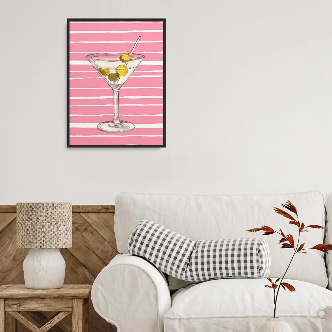 Pink Pastel Martini Bar Cart Wall Art – Striped Cocktail Print for Coastal Kitchen Bar Living Room Apartment Decor-16x20Inch Ready to Hang(Black Aluminum Frame)