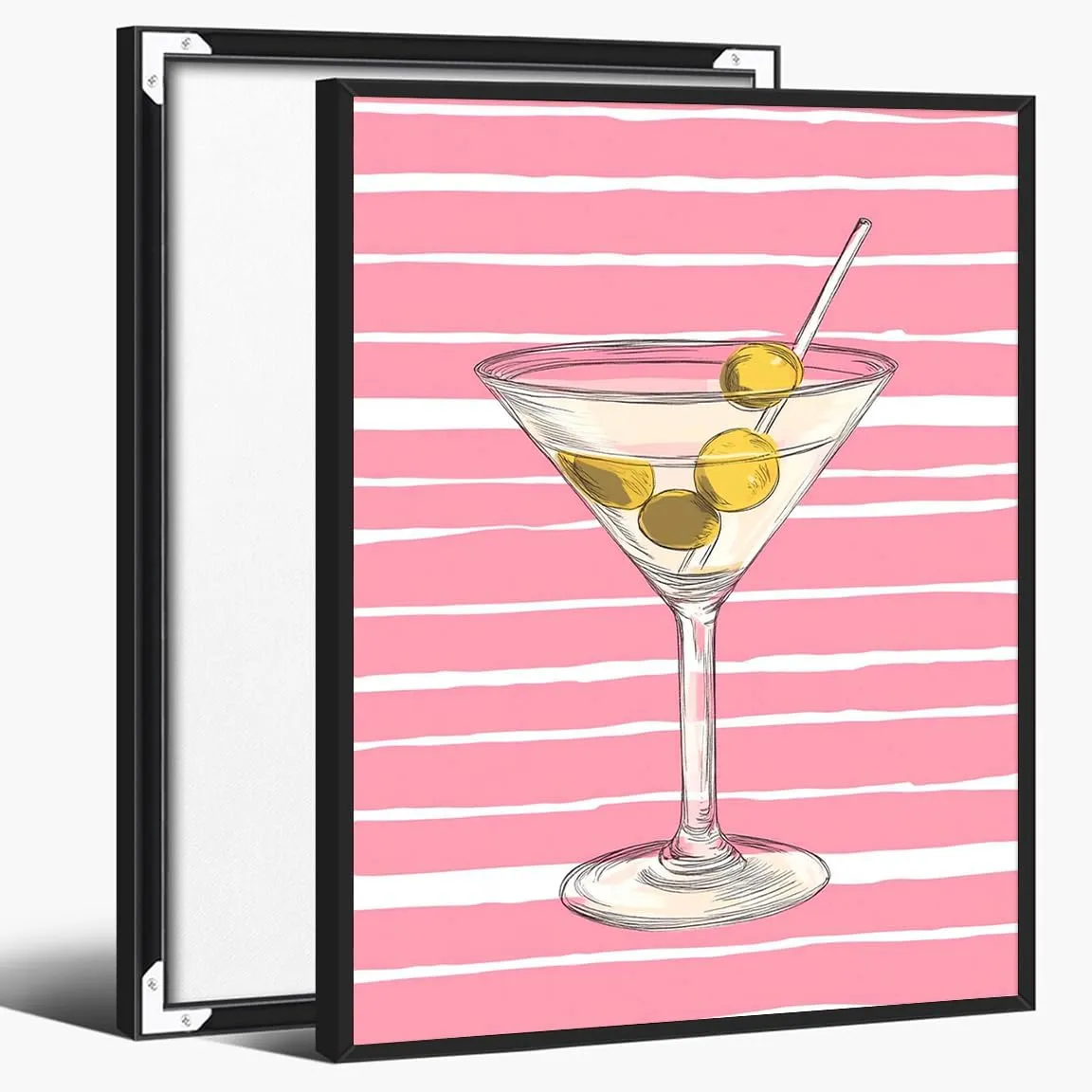 Pink Pastel Martini Bar Cart Wall Art – Striped Cocktail Print for Coastal Kitchen Bar Living Room Apartment Decor-16x20Inch Ready to Hang(Black Aluminum Frame)