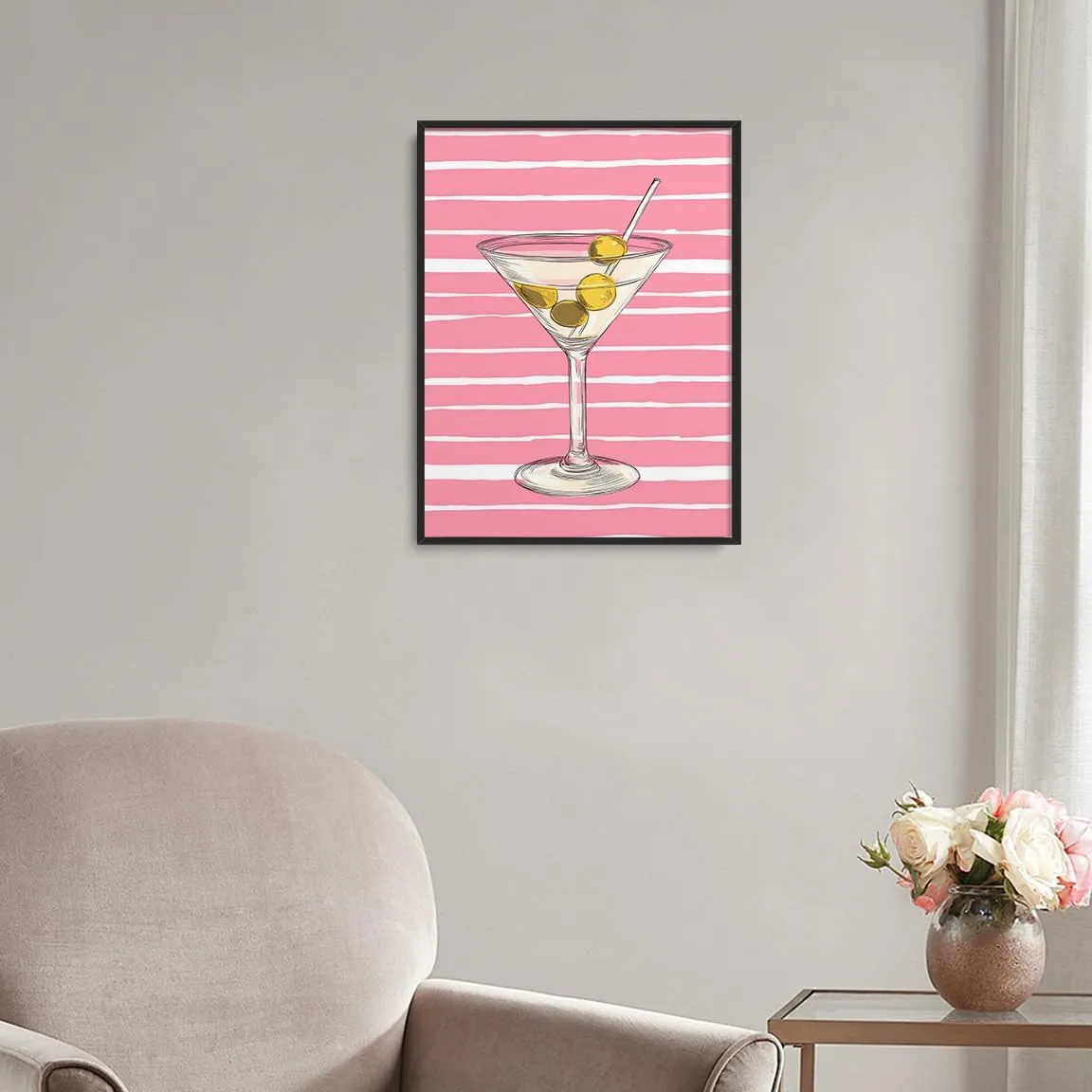 Pink Pastel Martini Bar Cart Wall Art – Striped Cocktail Print for Coastal Kitchen Bar Living Room Apartment Decor-16x20Inch Ready to Hang(Black Aluminum Frame)