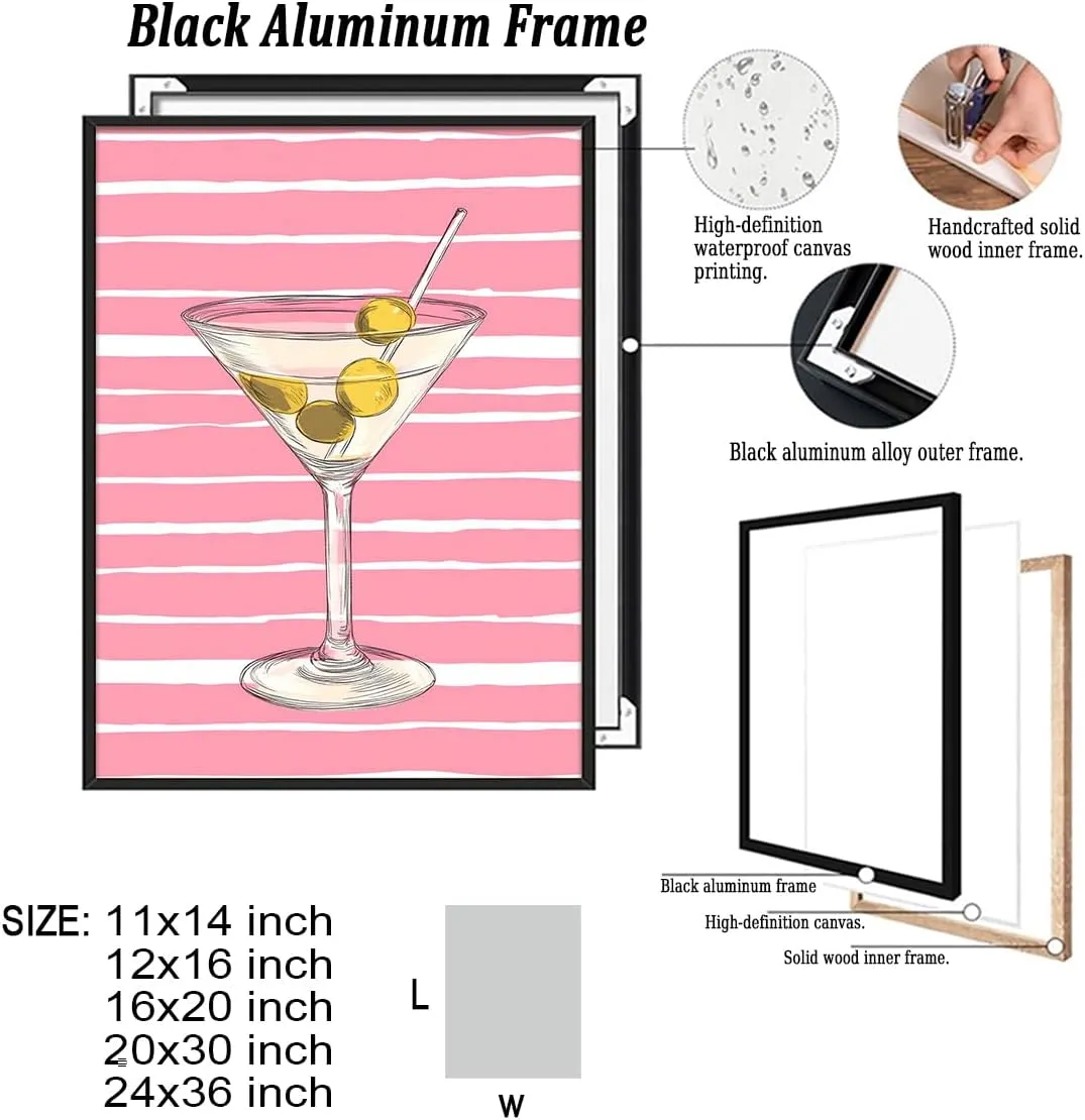 Pink Pastel Martini Bar Cart Wall Art – Striped Cocktail Print for Coastal Kitchen Bar Living Room Apartment Decor-16x20Inch Ready to Hang(Black Aluminum Frame)