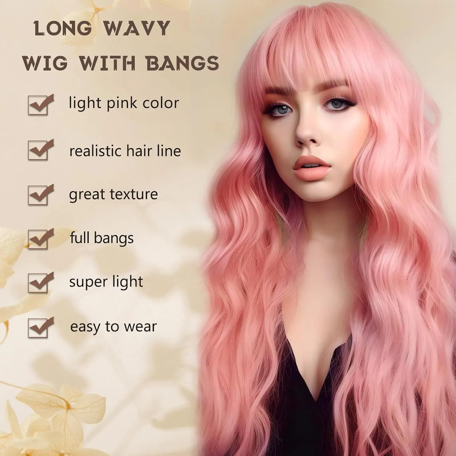 Pink Wig with Bangs for Women Long Pink Wavy Wigs 26 Inch Natural Looking Heat Resistant Synthetic Wig for Daily Party Use