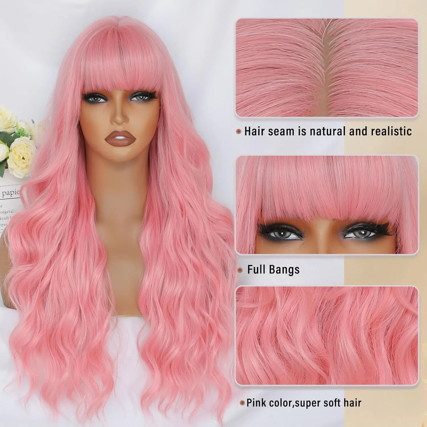 Pink Wig with Bangs for Women Long Pink Wavy Wigs 26 Inch Natural Looking Heat Resistant Synthetic Wig for Daily Party Use