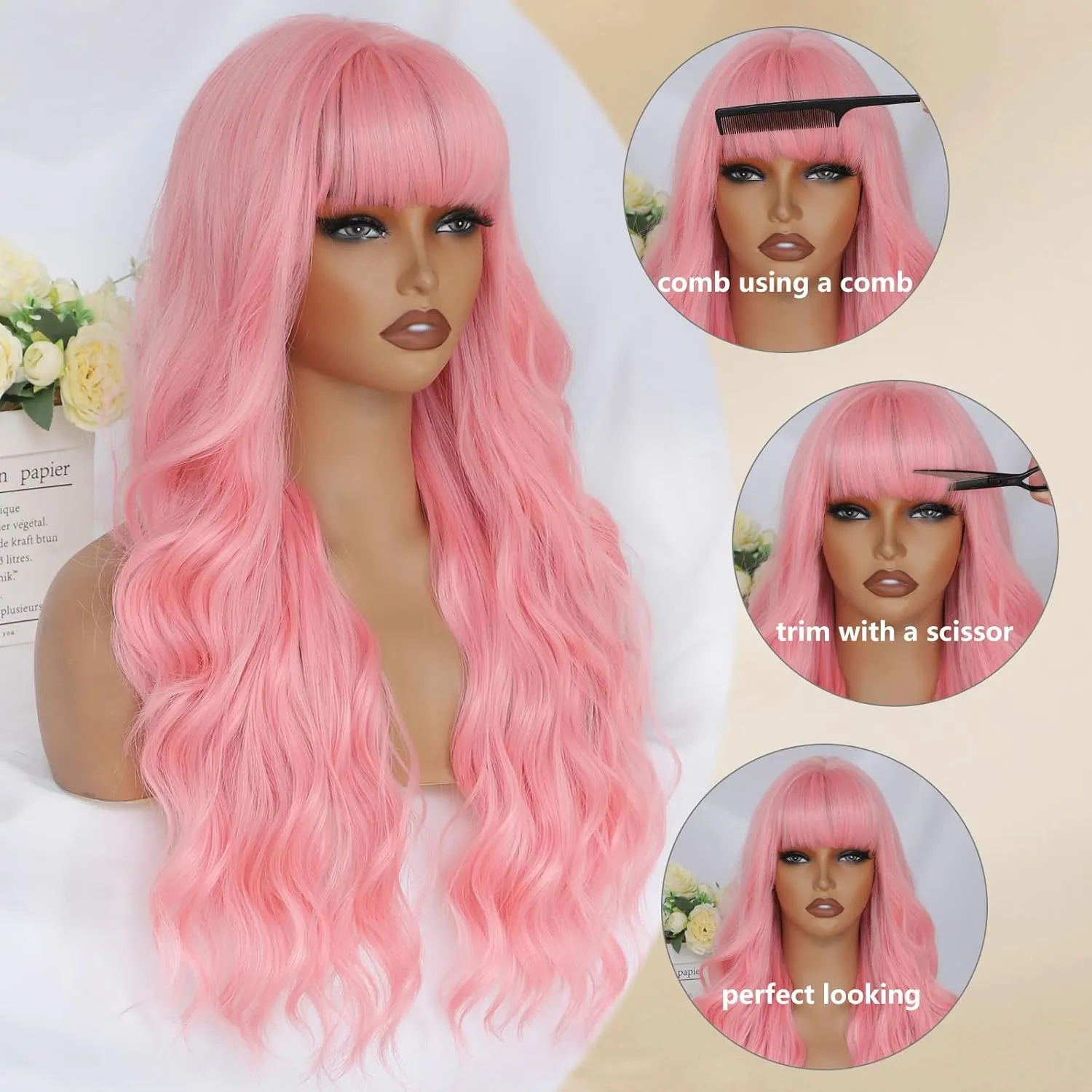 Pink Wig with Bangs for Women Long Pink Wavy Wigs 26 Inch Natural Looking Heat Resistant Synthetic Wig for Daily Party Use