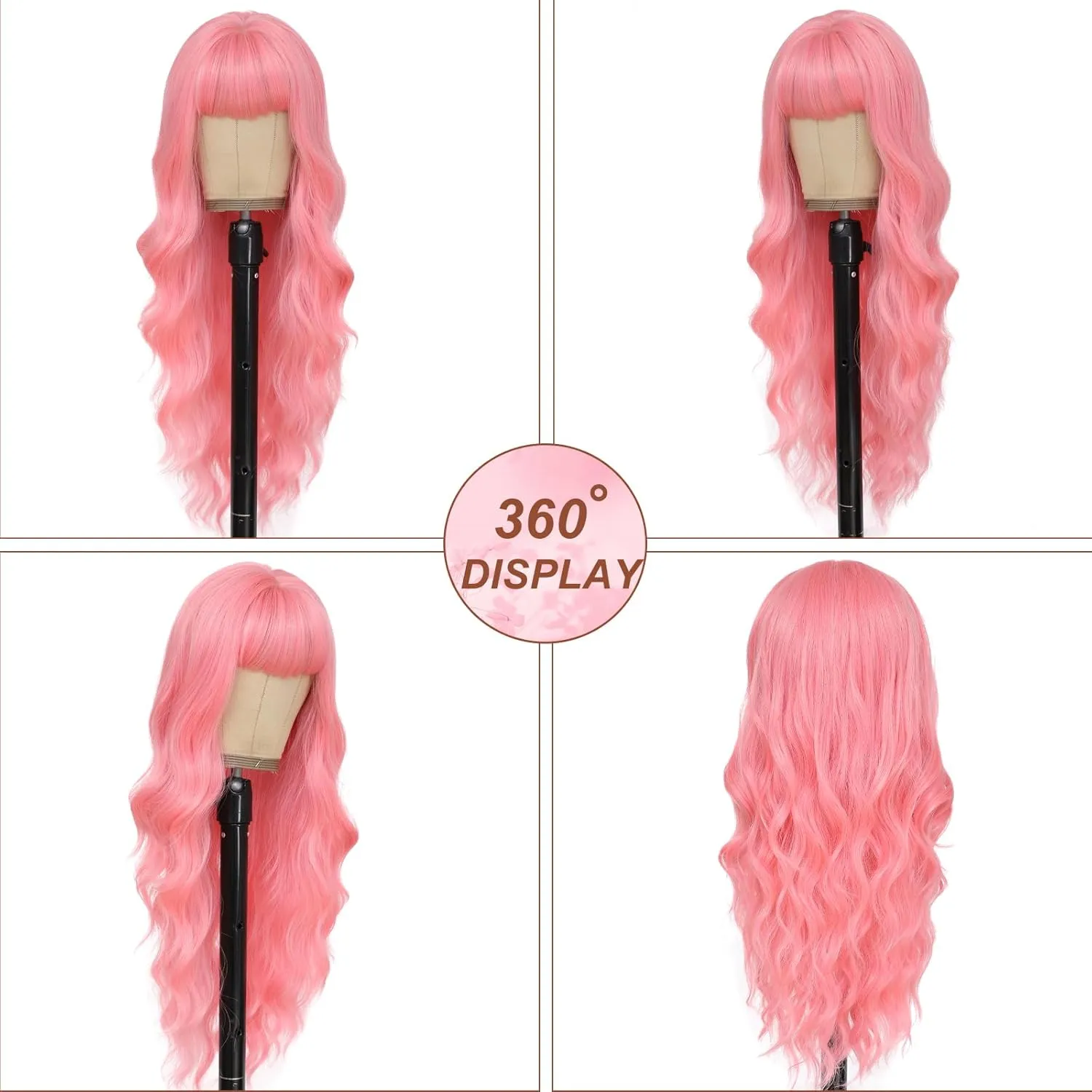 Pink Wig with Bangs for Women Long Pink Wavy Wigs 26 Inch Natural Looking Heat Resistant Synthetic Wig for Daily Party Use