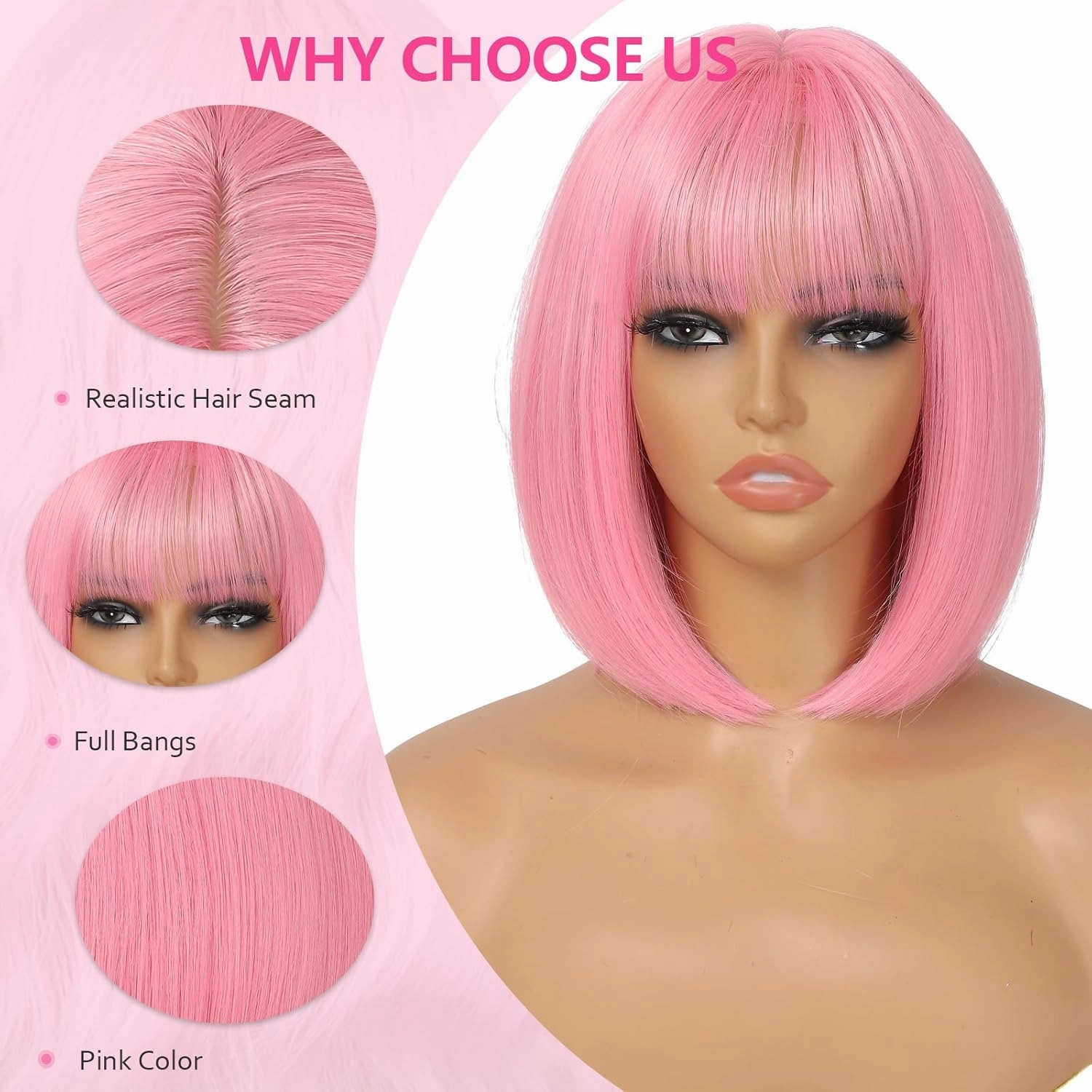 Pink Bob Wig with Bangs for Women 12 Inch Short Straight Pink Wigs Synthetic Colored Wigs